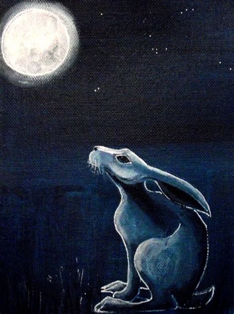 Original acrylic painting, moon gazing hare, folk art, primitive art ...