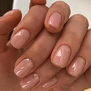 Amazon Nude Press On Nails Short Square Solid Color Fake Nails Glossy False Nails With Glue