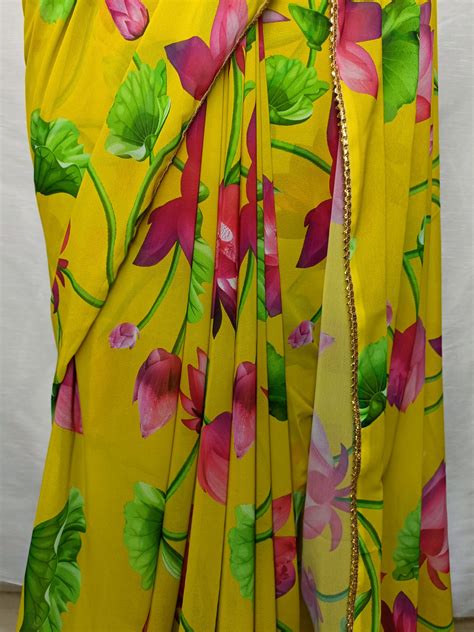 Yellow Floral Digital Lotus Print Saree With Lace Attached Aval Fashion And Products