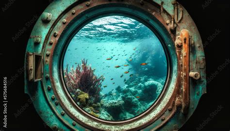 View of underwater life through the window of a submarine - generative ...