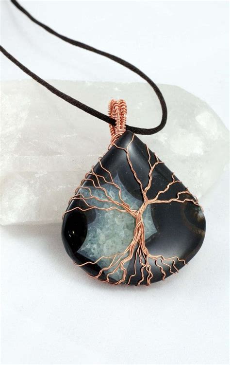 Tree Of Life Black Agate Druzy Geode Pendant Raw Copper Wire Etsy