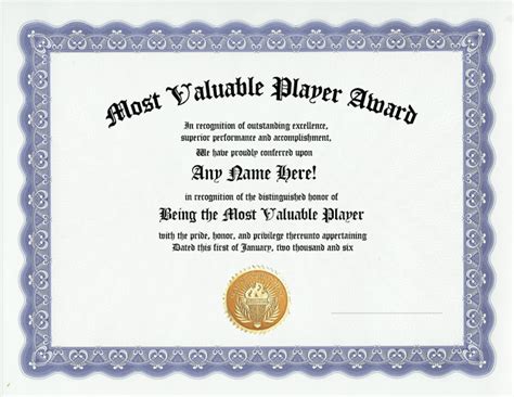 Most Valuable Player Award Team Mvp Awards Certificate Ebay