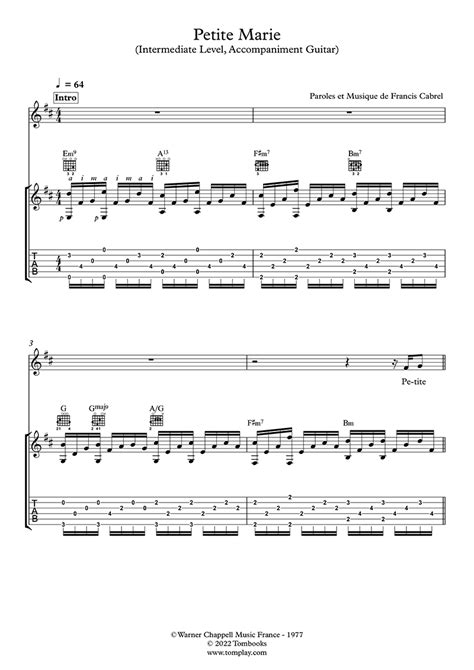 Petite Marie (Intermediate Level, Accompaniment Guitar) (Francis Cabrel) - Guitar Tabs and Sheet ...