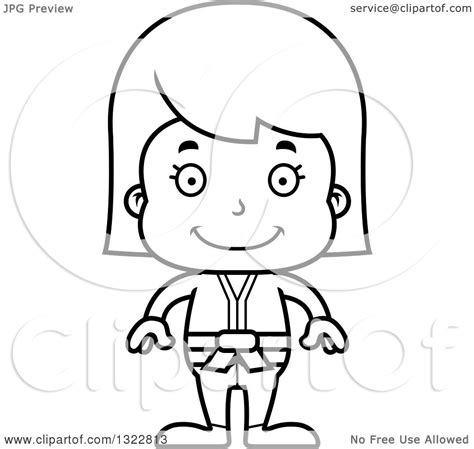 Lineart Clipart of a Cartoon Black and White Happy Karate Girl ...