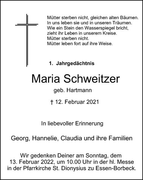 Traueranzeigen Von Maria Schweitzer Trauer In NRW De