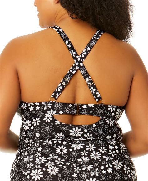 Salt Cove Trendy Plus Size Coastal Fleurs Cinch Front X Back Tankini Top Created For Macys