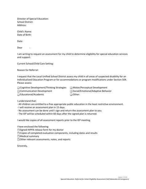 Sample Iep Assessment Request Letter