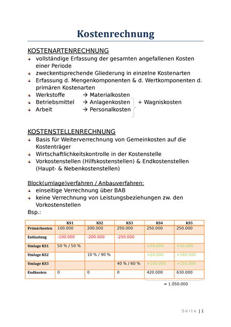 Zusammenfassung Der Wichtigsten Rechnungen Kostenrechnung