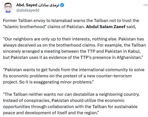 Former Taliban Envoy To Pakistan Warns Against Trusting Islamic Brotherhood Claims Of Pakistan