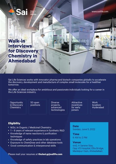 Sai Life Sciences Walk In Interviews For Discovery Chemistry In