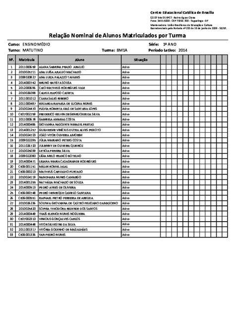 Pdf Relação Nominal De Alunos Matriculados Por Turma Taguatinga Df