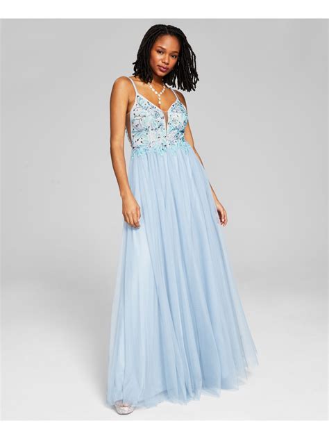 Say Yes To The Prom Womens Light Blue Beaded Zippered Lined Tulle