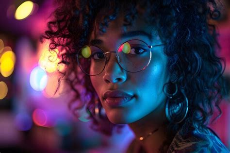 Premium Photo Portrait Of Curly Haired Woman Wearing Glasses With