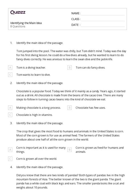 50 Identifying The Main Idea Worksheets For 4th Grade On Quizizz