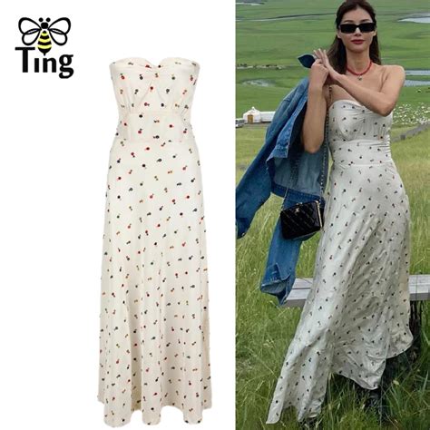 Tingfly Women France Chic Flower Embroidery Strapless Summer Long