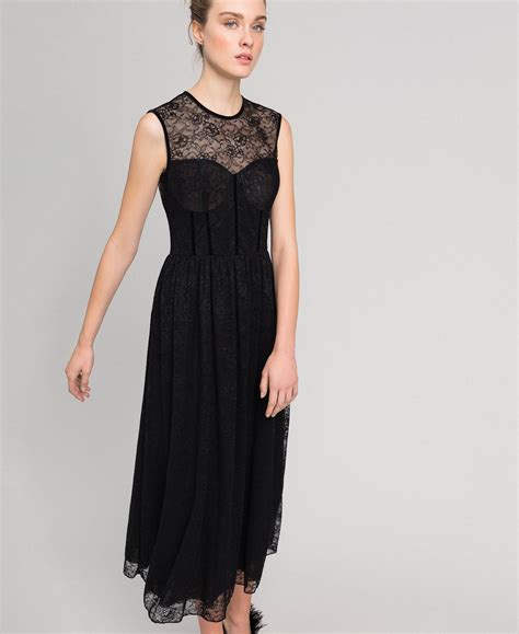 Abito Lungo In Pizzo Stretch E Tulle Donna Nero TWINSET Milano