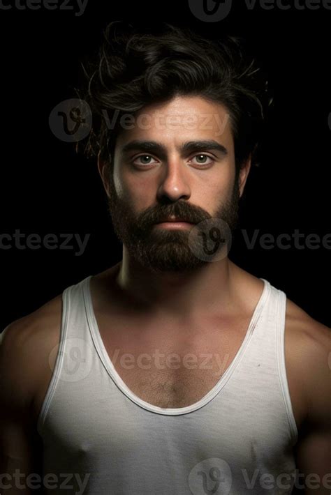 Headshot of handsome male freelancer with appealing look has dark beard ...