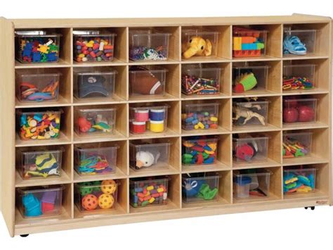 Mobile Cubby Storage w/ 30 Clear Cubby Bins PRE-16031D, Preschool Cubbies