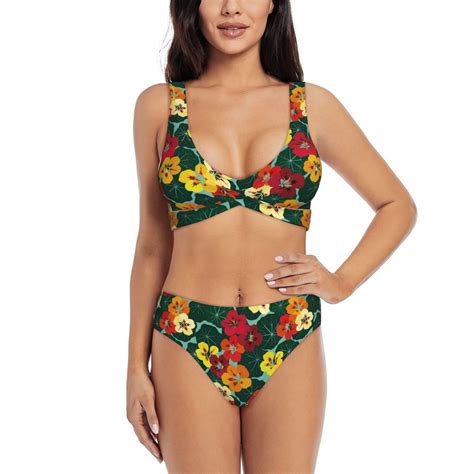 Womens Bikini Sets Two Piece Colorful Flowers B Cross Design Swimsuit High Waisted Bathing Suit