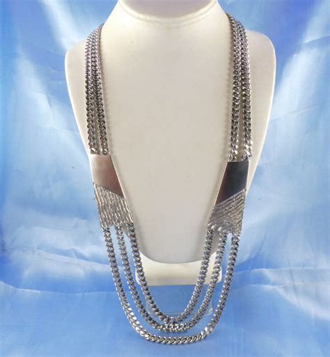 Vintage Monet Silver Chain Link Necklace Triple Stran Gem