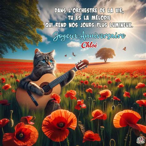 Chat Guitare Coquelicots Avec Le Texte Joyeux Anniversaire Chlo