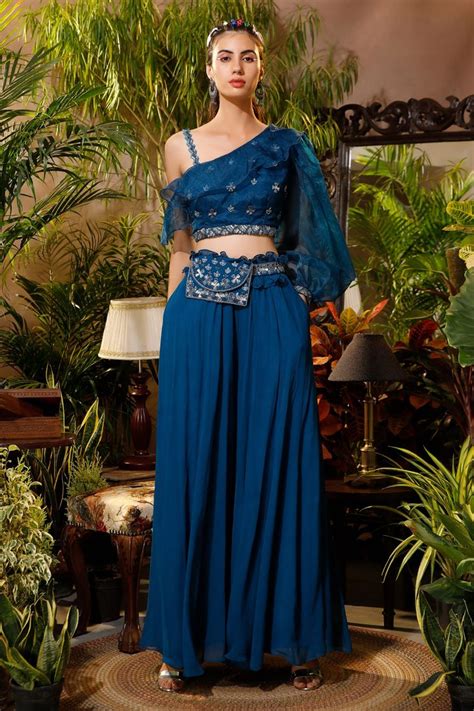 Buy Awigna Blue Georgette Embroidered Blouse And Palazzo Set Online