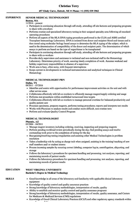 Medical Technologist Resume Example