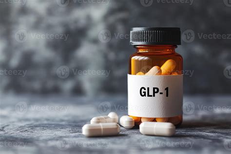 A clear vial, prominently labeled GLP1, represents medications