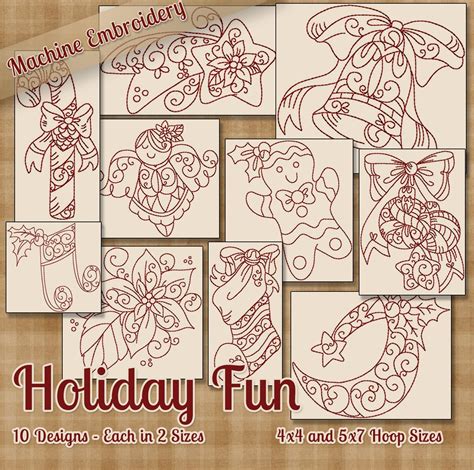 Holiday Fun Redwork Machine Embroidery Patterns Designs 4x4