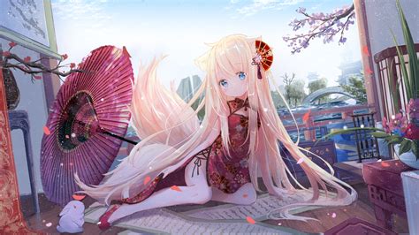 Animal Animal Ears Blonde Hair Chinese Clothes Chinese Dress Clouds