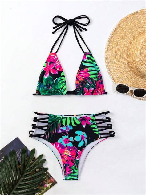 SHEIN Swim SXY Tropical Print Ladder Cut Out Halter Triangle Bikini