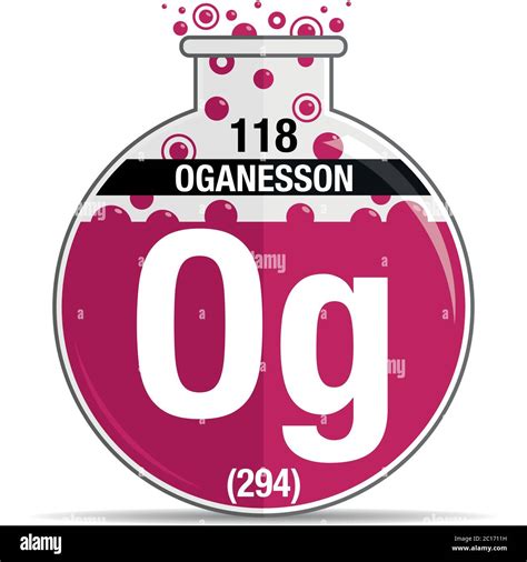 Oganesson symbol on chemical round flask. Element number 118 of the ...