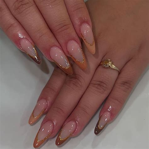 Buy Mouyouglow Press On Nails Short Almond Nude Pumpkin With Gold Glitter Durable Artificial