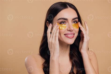 Woman Standing Naked Isolated Looking Camera Take Care Of Her Skin With Under Eye Patches
