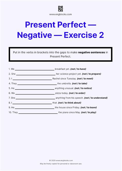 Present Perfect — Negative Sentences— Worksheet 2 Esl Present