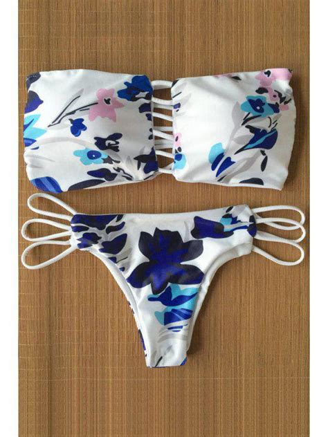 Off Floral Print Strapless Reversible Bikini Set In Blue And