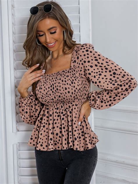 SHEIN Privé Dalmatian Print Square Neck Shirred Peplum Blouse SHEIN USA