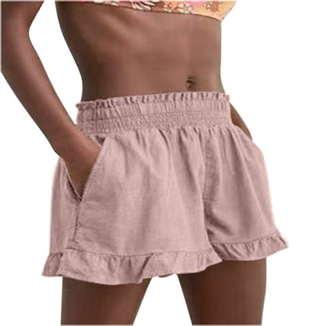 Women Summer Shorts Casual Elastic Waist Ruffle Hem Solid Wide Leg Shorts Comfy Beach Lounge