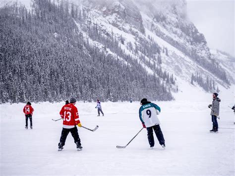 Ice Hockey On Frozen Lake Louise In Banff Editorial Photo Image Of