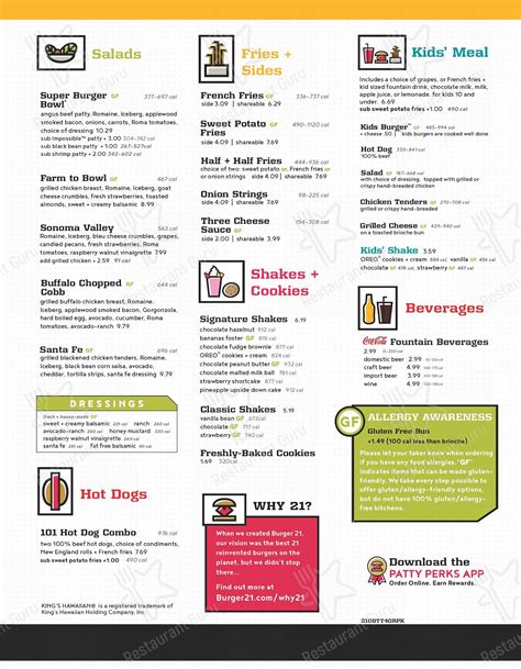 Menu at Burger 21 restaurant, Orland Park