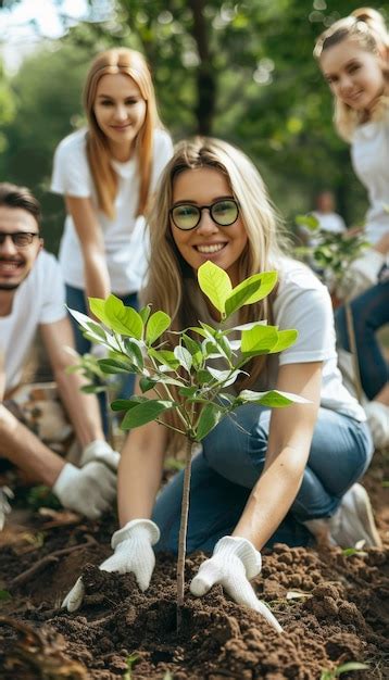 J Venes Voluntarios Plantando Rboles Al Aire Libre Cavando Tierra Y