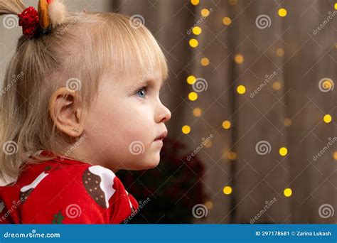 Portrait Of A Two Year Old Blonde Girl At Christmas Place For Text Stock Image Image Of