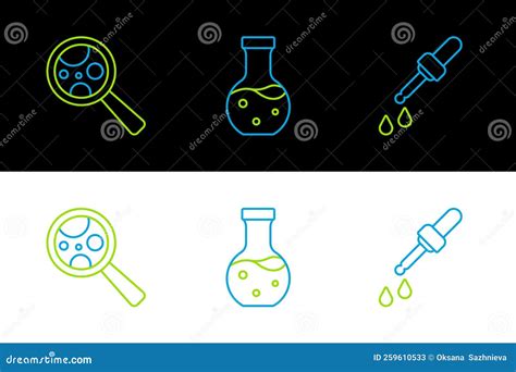 Set Line Pipette Microorganisms Under Magnifier And Test Tube Icon