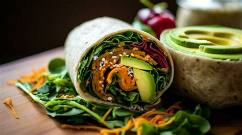 Delicious Veggie Wrap With Hummus And Avocado Stock Photo At