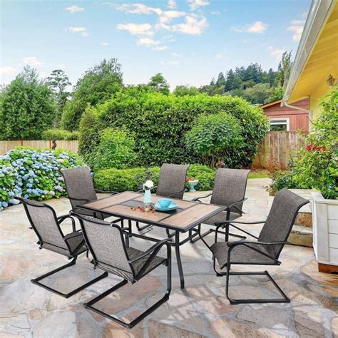 7pc Patio Dining Set With Rectangular Table With Umbrella Hole And C Spring Motion Chairs