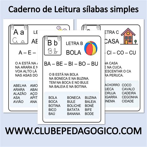 Caderno de Leitura sílabas simples Fichas de leitura em PDF Clube