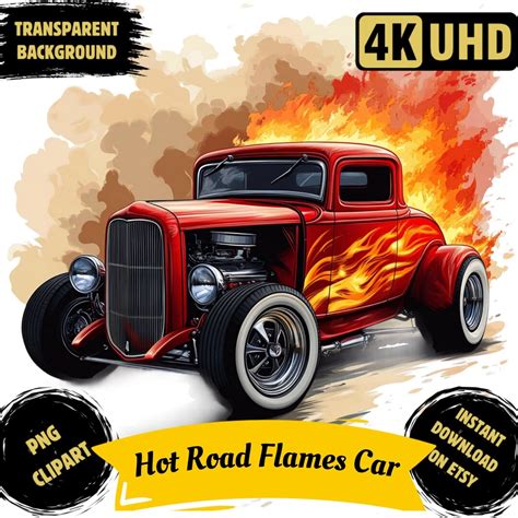 Hot Rod Flames Car PNG Printable Clipart Watercolor Vintage Fire Car Classic Flames Car Images
