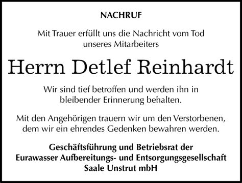 Traueranzeigen Von Detlef Reinhardt Abschied Nehmen De