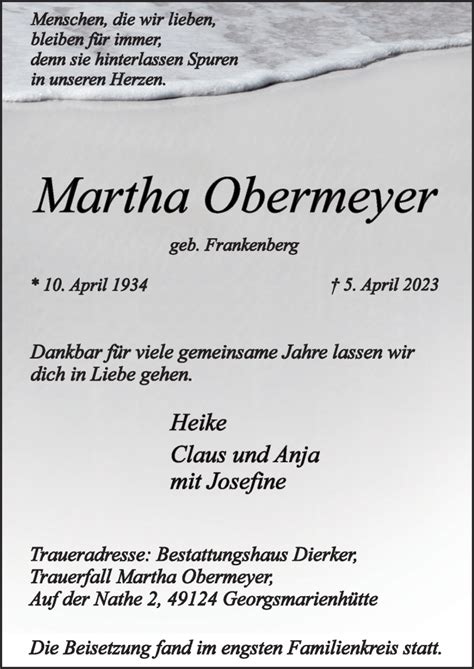 Traueranzeigen Von Martha Obermeyer Noz Trauerportal