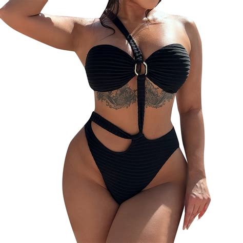 Caivo One Shoulder Hollow Out Bikini Swimsuit With Ties For Women Swimwear Versatile Beach